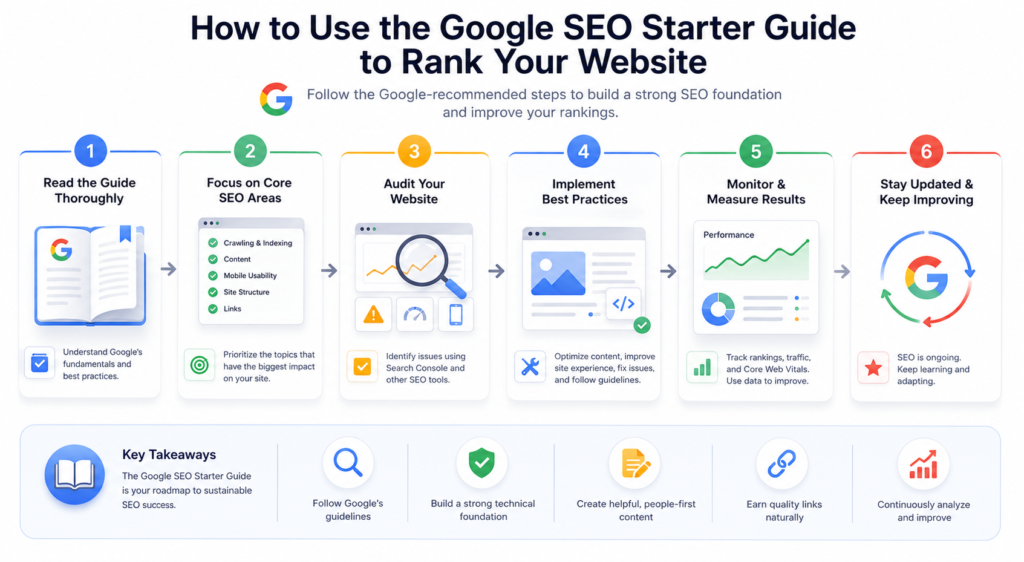 Google SEO Starter Guide showing infographic steps to rank a website
