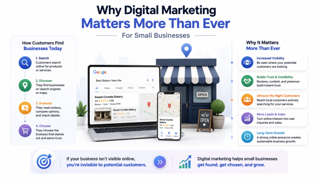 Digital marketing infographic showing why digital marketing matters for small businesses including SEO, visibility, and customer growth